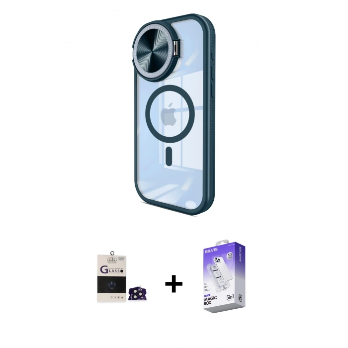 MARSİLYAN™- iPhone 14 Pro Max Kılıf Kıvılcım Modern Koleksiyonu - Siyah Bilvis 5in1 3D Magic Cam Ekran Koruyucu + Derin Mor Bilvis Titan Kamera Lens