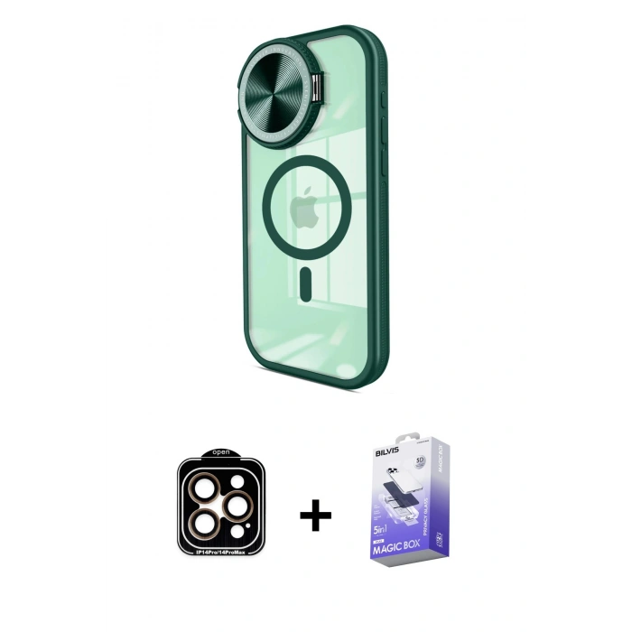 MARSİLYAN™- iPhone 14 Pro Max Kılıf Kıvılcım Modern Koleksiyonu - Siyah Bilvis 5in1 5D Magic Hayalet Cam Ekran Koruyucu + Turuncu PVD Metal Kamera Lens