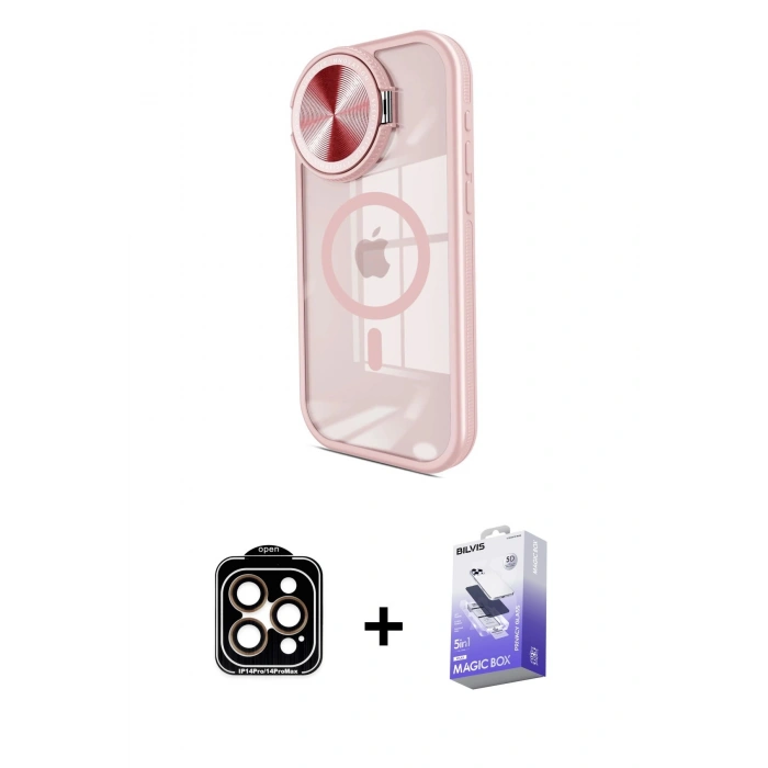 MARSİLYAN™- iPhone 14 Pro Max Kılıf Kıvılcım Modern Koleksiyonu - Siyah Bilvis 5in1 5D Magic Hayalet Cam Ekran Koruyucu + Turuncu PVD Metal Kamera Lens