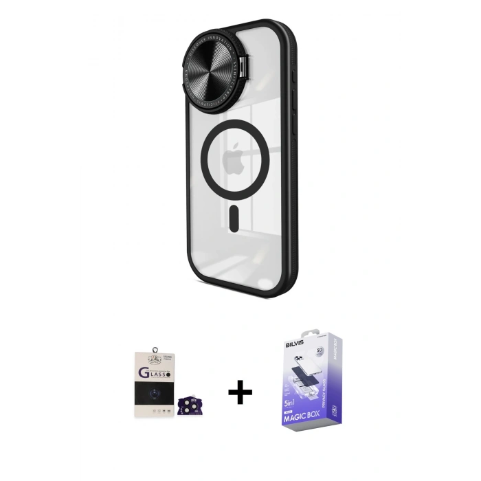 MARSİLYAN™- iPhone 14 Pro Max Kılıf Kıvılcım Modern Koleksiyonu - Siyah Bilvis 5in1 5D Magic Hayalet Cam Ekran Koruyucu + Bilvis Titan Kamera Lens - DNMR