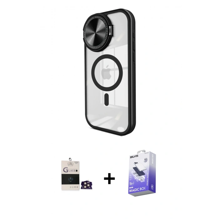 MARSİLYAN™- iPhone 14 Pro Max Kılıf Kıvılcım Modern Koleksiyonu - Siyah Bilvis 5in1 5D Magic Hayalet Cam Ekran Koruyucu + Bilvis Titan Kamera Lens - GD