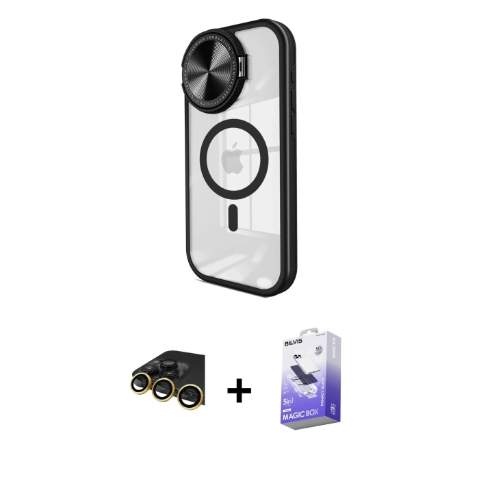 MARSİLYAN™- iPhone 14 Pro Max Kılıf Kıvılcım Modern Koleksiyonu - Siyah Bilvis 5in1 5D Magic Hayalet Cam Ekran Koruyucu + Gold Raze Metal Kamera Lens