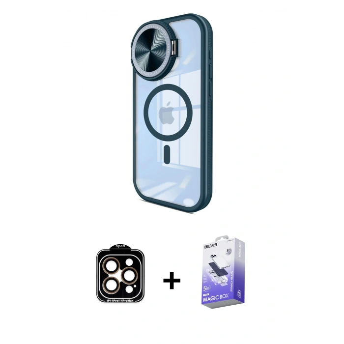MARSİLYAN™- iPhone 14 Pro Max Kılıf Kıvılcım Modern Koleksiyonu - Siyah Bilvis 5in1 5D Magic Hayalet Cam Ekran Koruyucu + Turuncu PVD Metal Kamera Lens