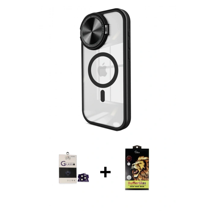 MARSİLYAN™- iPhone 14 Pro Max Kılıf Kıvılcım Modern Koleksiyonu - Siyah Buffer Cam Ekran Koruyucu + Siyah Bilvis Titan Kamera Lens