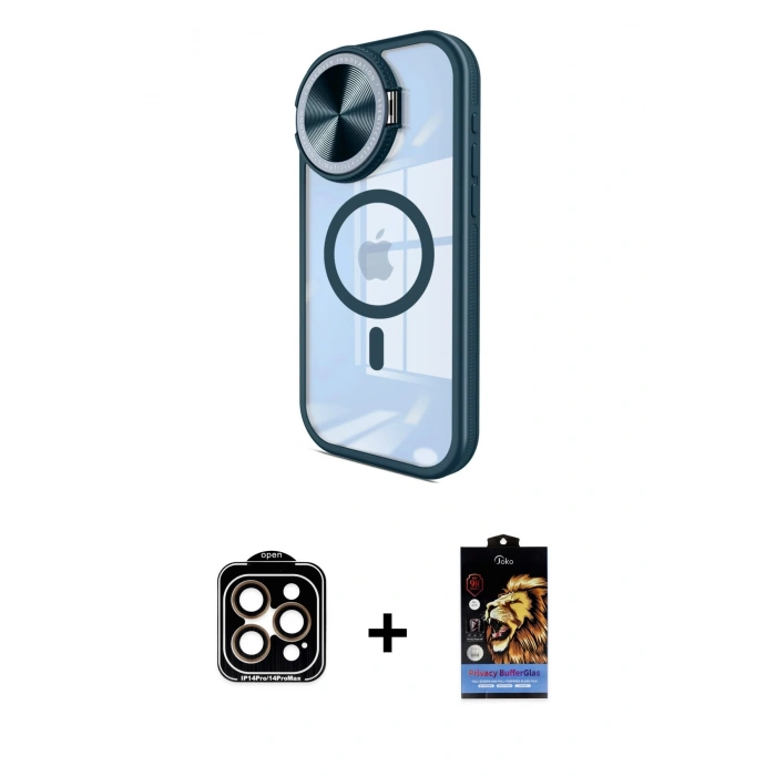 MARSİLYAN™- iPhone 14 Pro Max Kılıf Kıvılcım Modern Koleksiyonu - Siyah Buffer Hayalet Cam Ekran Koruyucu + PVD Metal Kamera Lens - TU