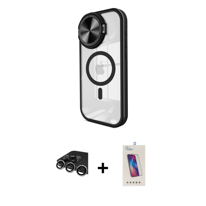 MARSİLYAN™- iPhone 14 Pro Max Kılıf Kıvılcım Modern Koleksiyonu - Siyah Joko 5D Cam + Raze Metal Kamera Lens - GS