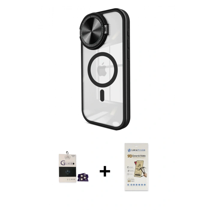 MARSİLYAN™- iPhone 14 Pro Max Kılıf Kıvılcım Modern Koleksiyonu - Siyah Mat Seramik Nano Ekran Koruyucu + Bilvis Titan Kamera Lens - GD