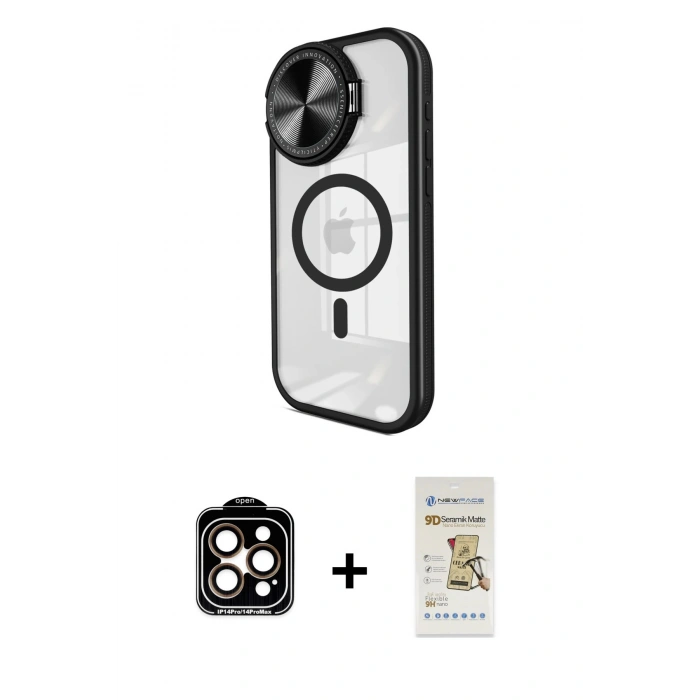 MARSİLYAN™- iPhone 14 Pro Max Kılıf Kıvılcım Modern Koleksiyonu - Siyah Mat Seramik Nano Ekran Koruyucu + PVD Metal Kamera Lens - TU