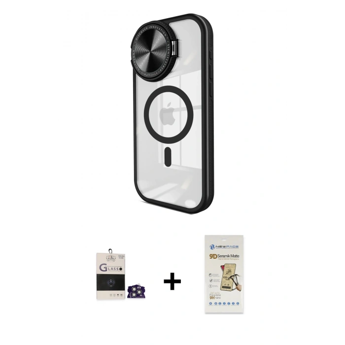 MARSİLYAN™- iPhone 14 Pro Max Kılıf Kıvılcım Modern Koleksiyonu - Siyah Mat Seramik Nano Ekran Koruyucu + Bilvis Titan Kamera Lens - GS