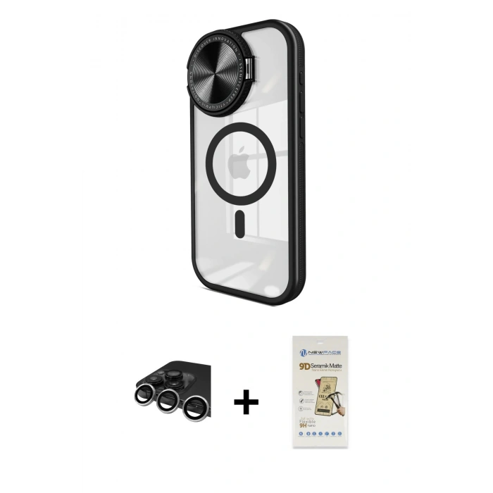 MARSİLYAN™- iPhone 14 Pro Max Kılıf Kıvılcım Modern Koleksiyonu - Siyah Mat Seramik Nano Ekran Koruyucu + Gümüş Raze Metal Kamera Lens