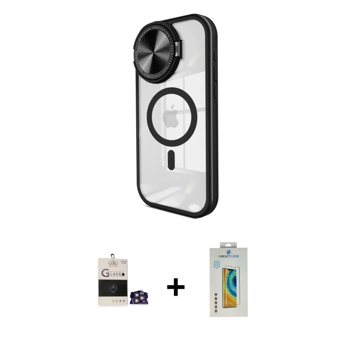MARSİLYAN™- iPhone 14 Pro Max Kılıf Kıvılcım Modern Koleksiyonu - Siyah Polymer Nano Ekran Koruyucu + Bilvis Titan Kamera Lens - GS