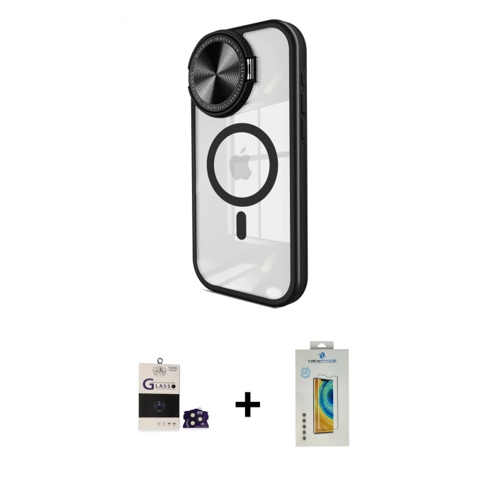 MARSİLYAN™- iPhone 14 Pro Max Kılıf Kıvılcım Modern Koleksiyonu - Siyah Polymer Nano Ekran Koruyucu + Bilvis Titan Kamera Lens - DNMR