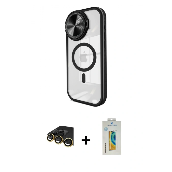 MARSİLYAN™- iPhone 14 Pro Max Kılıf Kıvılcım Modern Koleksiyonu - Siyah Polymer Nano Ekran Koruyucu + Raze Metal Kamera Lens - GD
