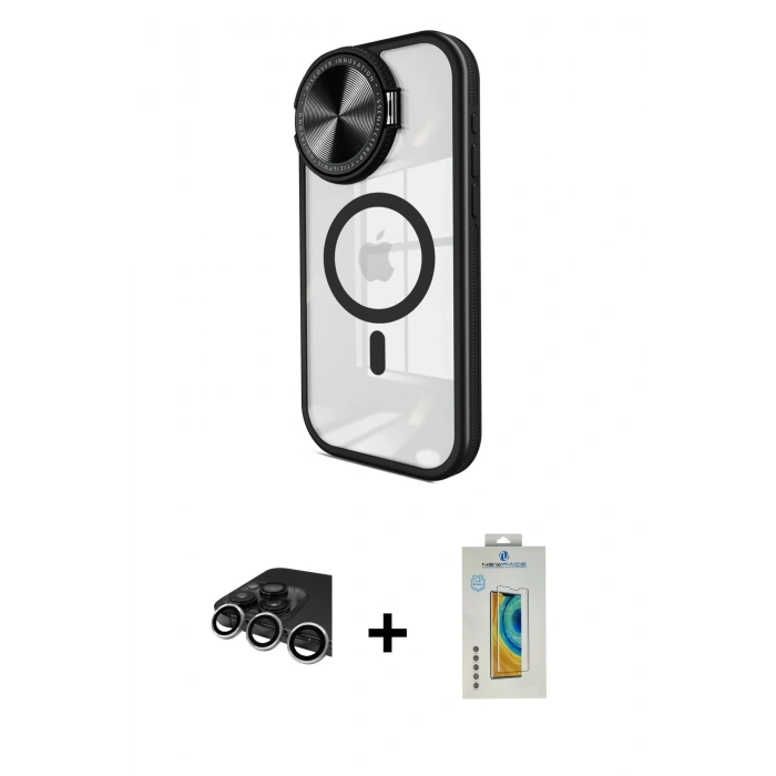 MARSİLYAN™- iPhone 14 Pro Max Kılıf Kıvılcım Modern Koleksiyonu - Siyah Polymer Nano Ekran Koruyucu + Raze Metal Kamera Lens - GS