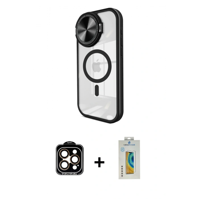 MARSİLYAN™- iPhone 14 Pro Max Kılıf Kıvılcım Modern Koleksiyonu - Siyah Polymer Nano Ekran Koruyucu + PVD Metal Kamera Lens - TU