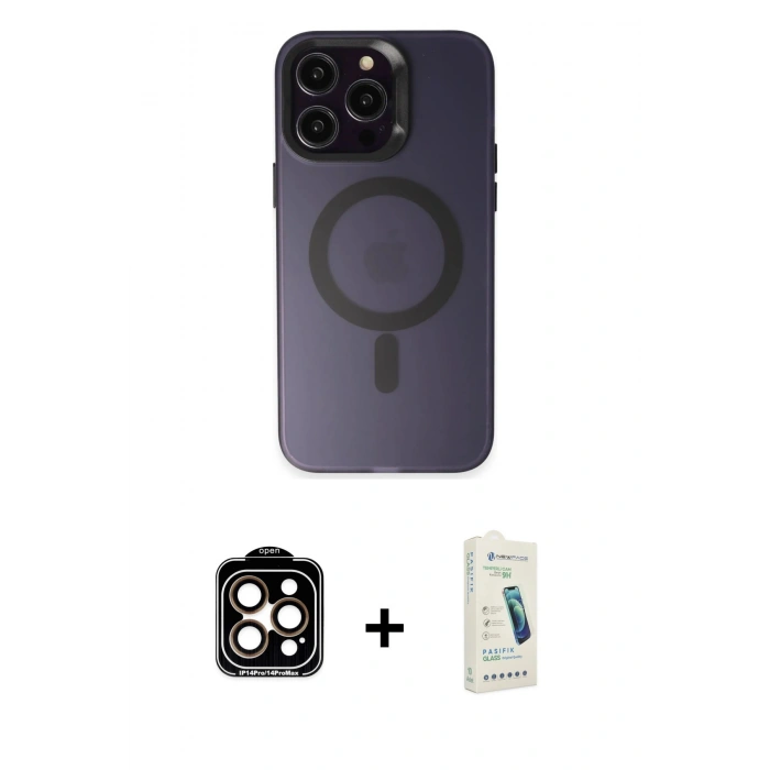 MARSİLYAN™- iPhone 14 Pro Max Kılıf Kozmos Çizgi Prime - Şeffaf Pasifik Cam Ekran Koruyucu + PVD Metal Kamera Lens - TU