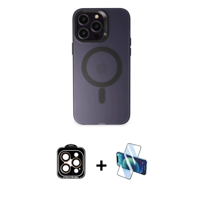 MARSİLYAN™- iPhone 14 Pro Max Kılıf Kozmos Çizgi Prime - Siyah 3D Antistatik Cam Ekran Koruyucu + Turuncu PVD Metal Kamera Lens