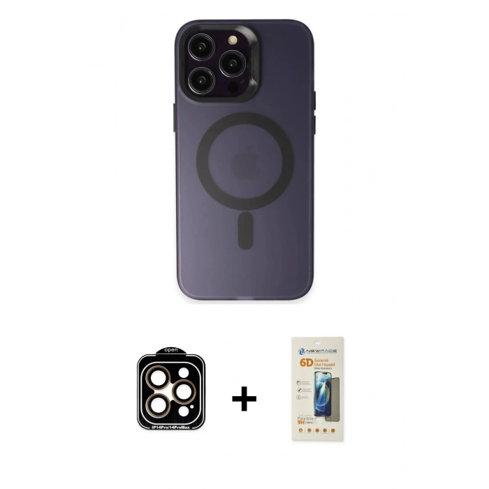 MARSİLYAN™- iPhone 14 Pro Max Kılıf Kozmos Çizgi Prime - Siyah 6D Mat Seramik Hayalet Nano Ekran Koruyucu + PVD Metal Kamera Lens - TU