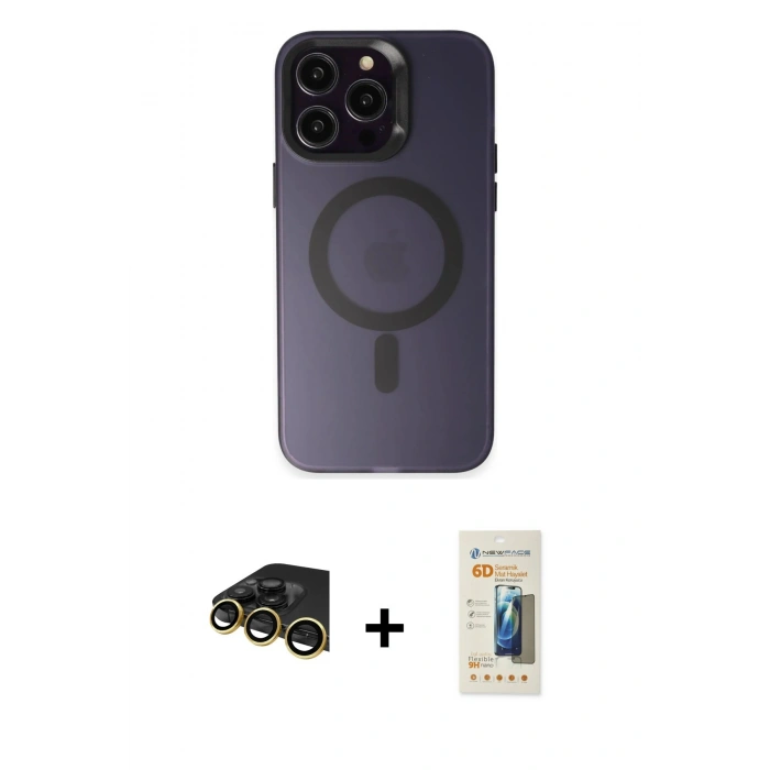 MARSİLYAN™- iPhone 14 Pro Max Kılıf Kozmos Çizgi Prime - Siyah 6D Mat Seramik Hayalet Nano Ekran Koruyucu + Raze Metal Kamera Lens - GD