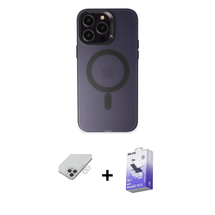 MARSİLYAN™- iPhone 14 Pro Max Kılıf Kozmos Çizgi Prime - Siyah Bilvis 5in1 5D Magic Hayalet Cam Ekran Koruyucu + Gümüş Band Metal Kamera Lens