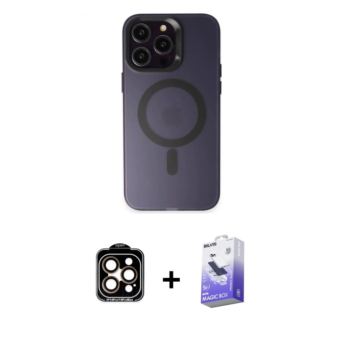 MARSİLYAN™- iPhone 14 Pro Max Kılıf Kozmos Çizgi Prime - Siyah Bilvis 5in1 5D Magic Hayalet Cam Ekran Koruyucu + PVD Metal Kamera Lens - TU