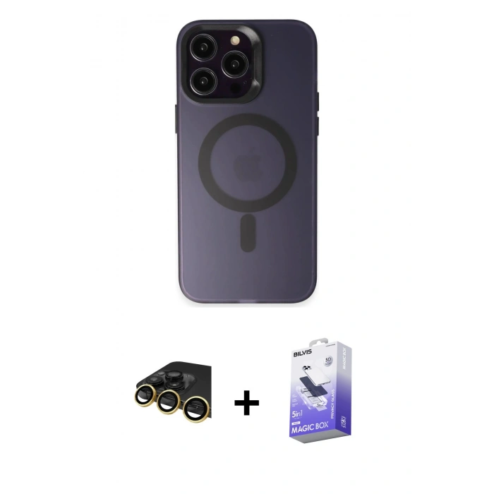 MARSİLYAN™- iPhone 14 Pro Max Kılıf Kozmos Çizgi Prime - Siyah Bilvis 5in1 5D Magic Hayalet Cam Ekran Koruyucu + Raze Metal Kamera Lens - GD