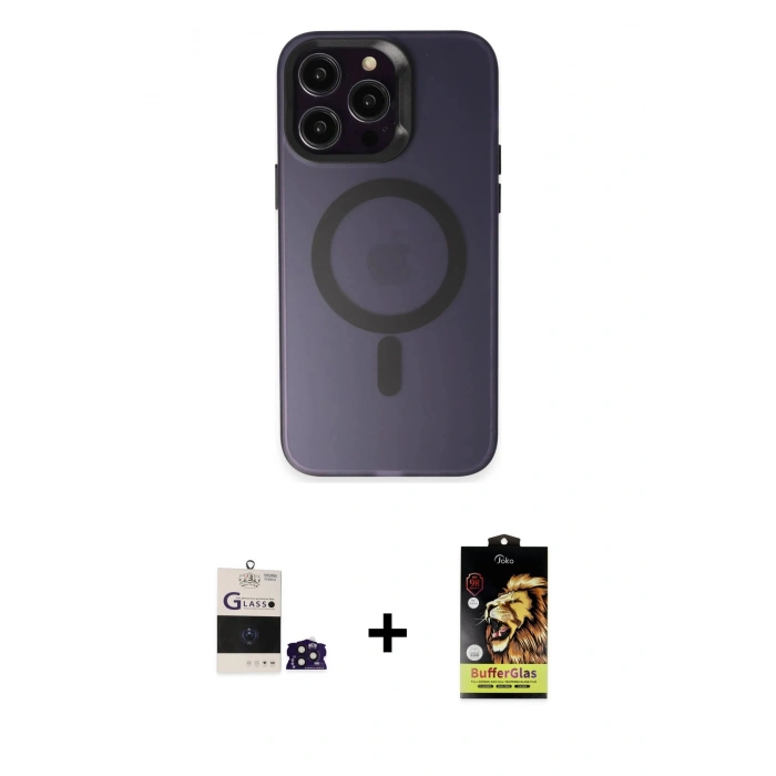MARSİLYAN™- iPhone 14 Pro Max Kılıf Kozmos Çizgi Prime - Siyah Buffer Cam Ekran Koruyucu + Derin Mor Bilvis Titan Kamera Lens