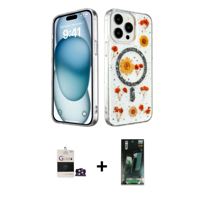 MARSİLYAN™- iPhone 14 Pro Max Kılıf Kozmos Doku - Şeffaf 360 Full Body Arka Koruyucu + Bilvis Titan Kamera Lens - GD