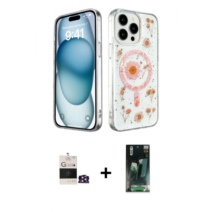 MARSİLYAN™- iPhone 14 Pro Max Kılıf Kozmos Doku - Şeffaf 360 Full Body Arka Koruyucu + Bilvis Titan Kamera Lens - GD