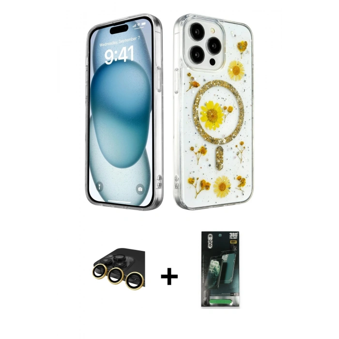 MARSİLYAN™- iPhone 14 Pro Max Kılıf Kozmos Doku - Şeffaf 360 Full Body Arka Koruyucu + Raze Metal Kamera Lens - GD