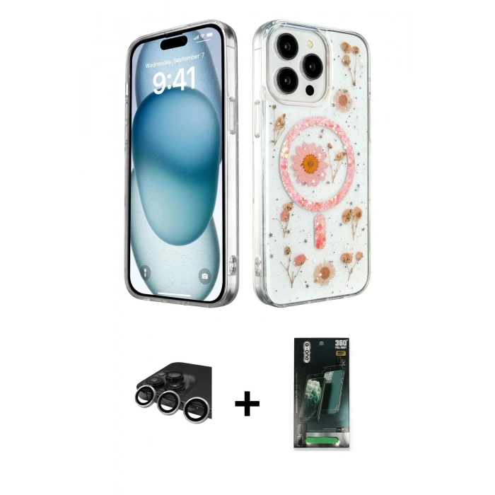 MARSİLYAN™- iPhone 14 Pro Max Kılıf Kozmos Doku - Şeffaf 360 Full Body Arka Koruyucu + Raze Metal Kamera Lens - GS