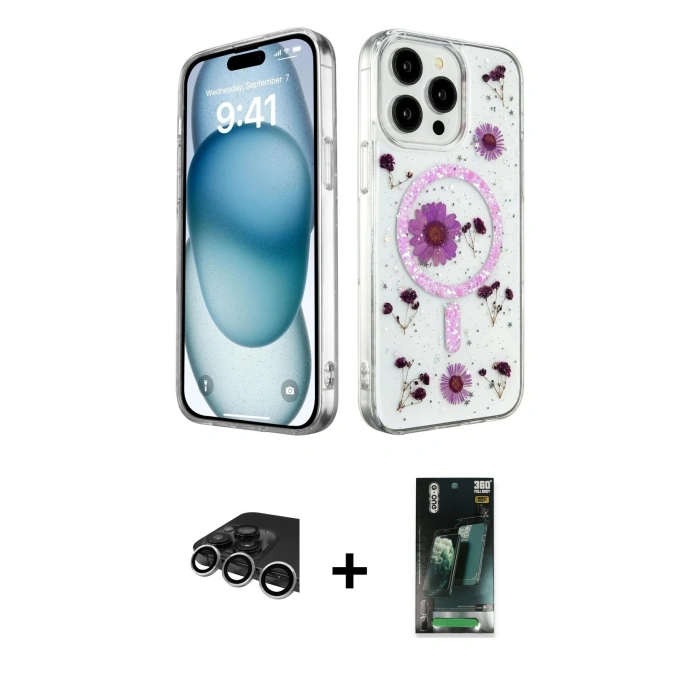 MARSİLYAN™- iPhone 14 Pro Max Kılıf Kozmos Doku - Şeffaf 360 Full Body Arka Koruyucu + Raze Metal Kamera Lens - GS