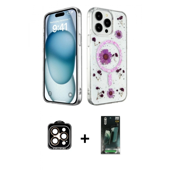 MARSİLYAN™- iPhone 14 Pro Max Kılıf Kozmos Doku - Şeffaf 360 Full Body Arka Koruyucu + PVD Metal Kamera Lens - TU