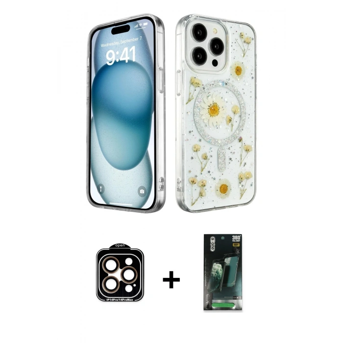 MARSİLYAN™- iPhone 14 Pro Max Kılıf Kozmos Doku - Şeffaf 360 Full Body Arka Koruyucu + PVD Metal Kamera Lens - TU