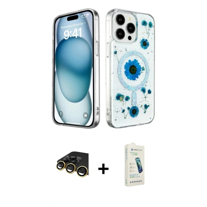 MARSİLYAN™- iPhone 14 Pro Max Kılıf Kozmos Doku - Şeffaf Pasifik Cam Ekran Koruyucu + Raze Metal Kamera Lens - GD