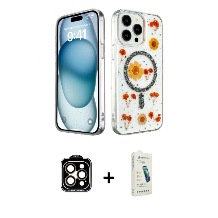 MARSİLYAN™- iPhone 14 Pro Max Kılıf Kozmos Doku - Şeffaf Pasifik Cam Ekran Koruyucu + Turuncu PVD Metal Kamera Lens