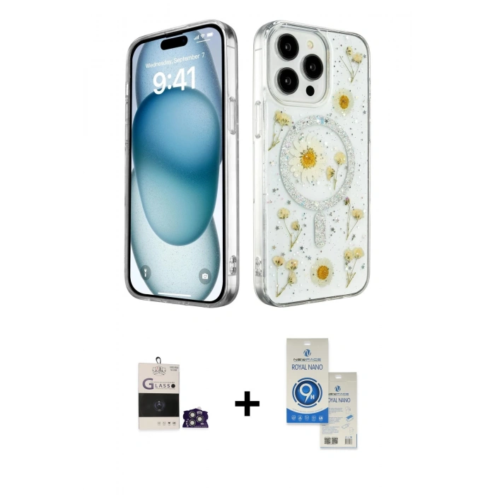 MARSİLYAN™- iPhone 14 Pro Max Kılıf Kozmos Doku - Şeffaf Royal Nano Ekran Koruyucu + Bilvis Titan Kamera Lens - GS