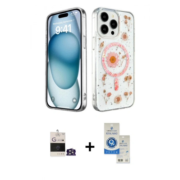 MARSİLYAN™- iPhone 14 Pro Max Kılıf Kozmos Doku - Şeffaf Royal Nano Ekran Koruyucu + Bilvis Titan Kamera Lens - GS