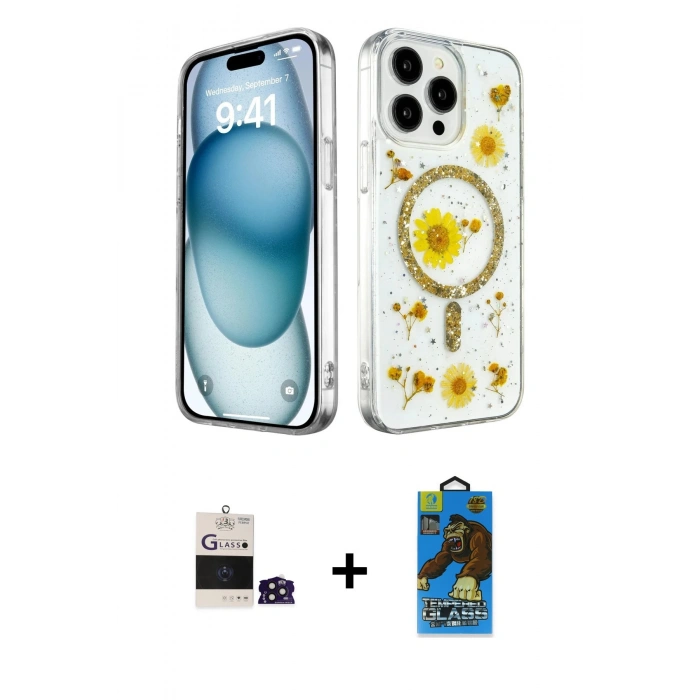 MARSİLYAN™- iPhone 14 Pro Max Kılıf Kozmos Doku - Siyah 18D Cam Ekran Koruyucu + Bilvis Titan Kamera Lens - DNMR