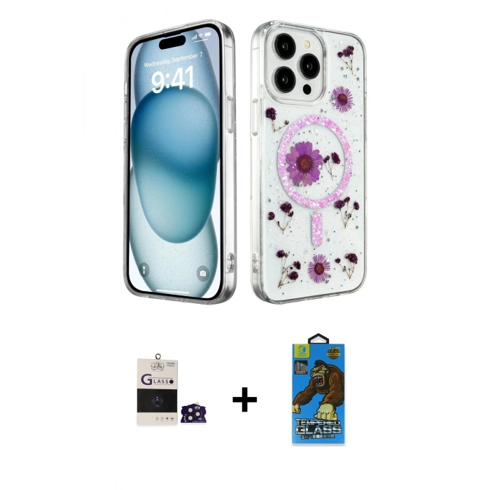 MARSİLYAN™- iPhone 14 Pro Max Kılıf Kozmos Doku - Siyah 18D Cam Ekran Koruyucu + Bilvis Titan Kamera Lens - DNMR