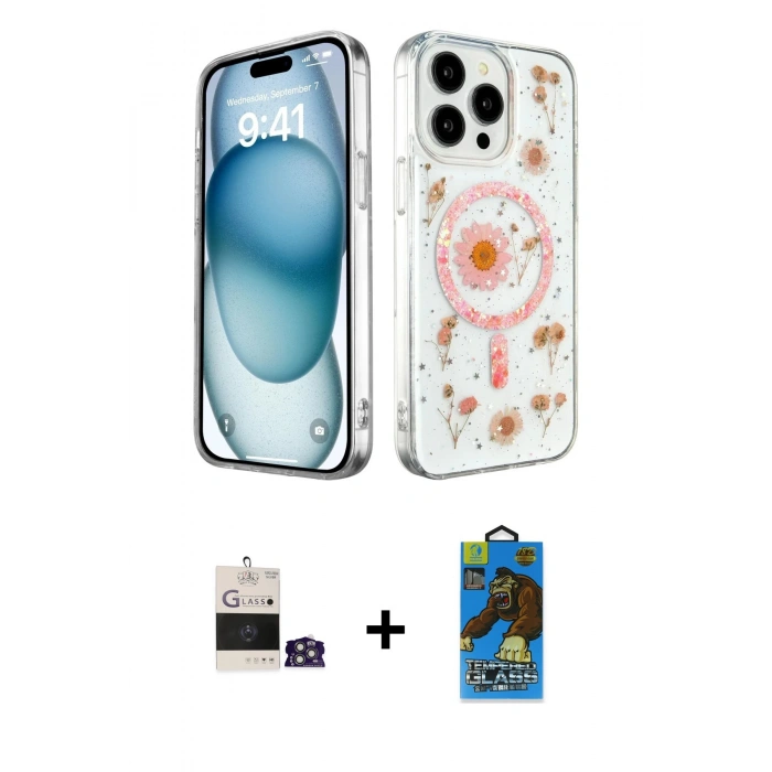 MARSİLYAN™- iPhone 14 Pro Max Kılıf Kozmos Doku - Siyah 18D Cam Ekran Koruyucu + Bilvis Titan Kamera Lens - GS