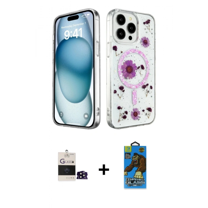 MARSİLYAN™- iPhone 14 Pro Max Kılıf Kozmos Doku - Siyah 18D Cam Ekran Koruyucu + Bilvis Titan Kamera Lens - SH