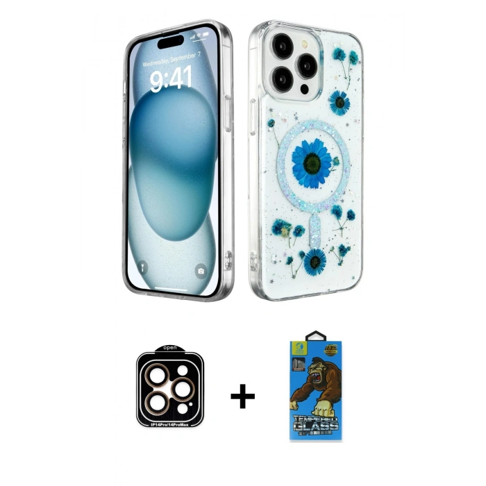 MARSİLYAN™- iPhone 14 Pro Max Kılıf Kozmos Doku - Siyah 18D Cam Ekran Koruyucu + Turuncu PVD Metal Kamera Lens