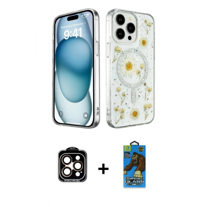 MARSİLYAN™- iPhone 14 Pro Max Kılıf Kozmos Doku - Siyah 18D Cam Ekran Koruyucu + Turuncu PVD Metal Kamera Lens