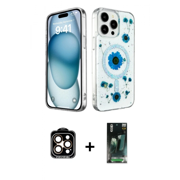MARSİLYAN™- iPhone 14 Pro Max Kılıf Kozmos Doku - Siyah 360 Mat Full Body Arka Koruyucu + PVD Metal Kamera Lens - TU