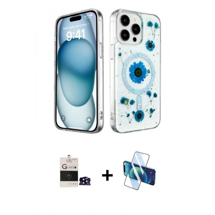 MARSİLYAN™- iPhone 14 Pro Max Kılıf Kozmos Doku - Siyah 3D Antistatik Cam Ekran Koruyucu + Bilvis Titan Kamera Lens - SH