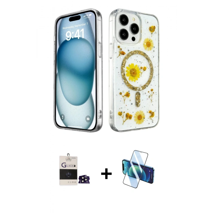 MARSİLYAN™- iPhone 14 Pro Max Kılıf Kozmos Doku - Siyah 3D Antistatik Cam Ekran Koruyucu + Bilvis Titan Kamera Lens - SH