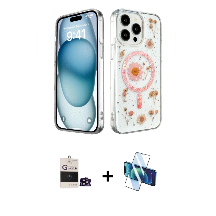 MARSİLYAN™- iPhone 14 Pro Max Kılıf Kozmos Doku - Siyah 3D Antistatik Cam Ekran Koruyucu + Bilvis Titan Kamera Lens - SH