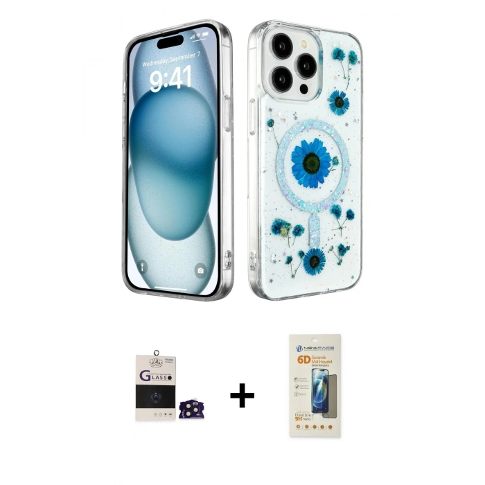 MARSİLYAN™- iPhone 14 Pro Max Kılıf Kozmos Doku - Siyah 6D Mat Seramik Hayalet Nano Ekran Koruyucu + Derin Mor Bilvis Titan Kamera Lens