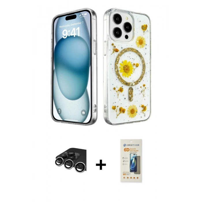 MARSİLYAN™- iPhone 14 Pro Max Kılıf Kozmos Doku - Siyah 6D Mat Seramik Hayalet Nano Ekran Koruyucu + Raze Metal Kamera Lens - GS
